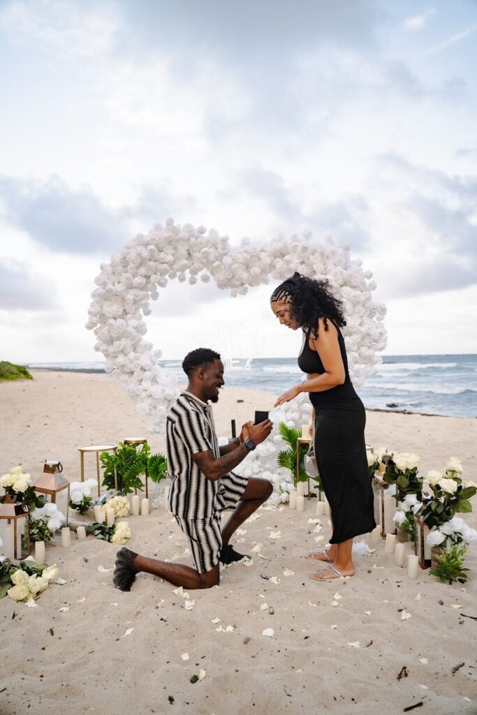 giant white flower heart proposal